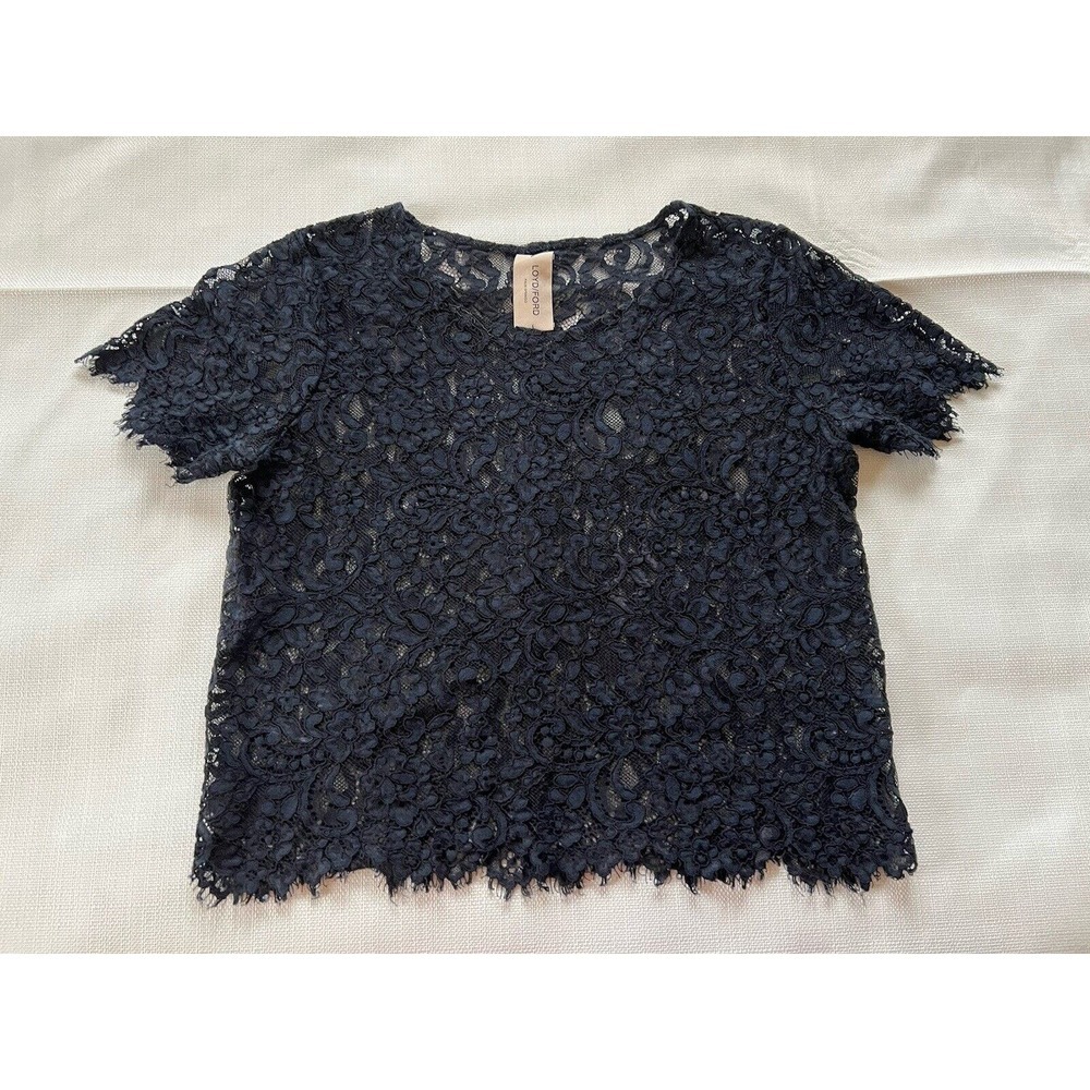 Loyd/Ford Women’s Short Sleeve Navy Blue Sheer Cotton Lace Top Blouse Size 2